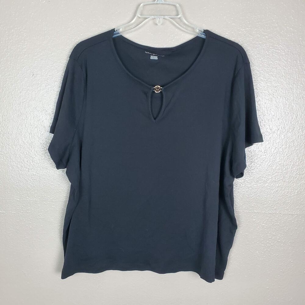Tommy Hilfiger Black Gold Logo Embellished Scoop Neck Short Sleeve T-Shirt 3X